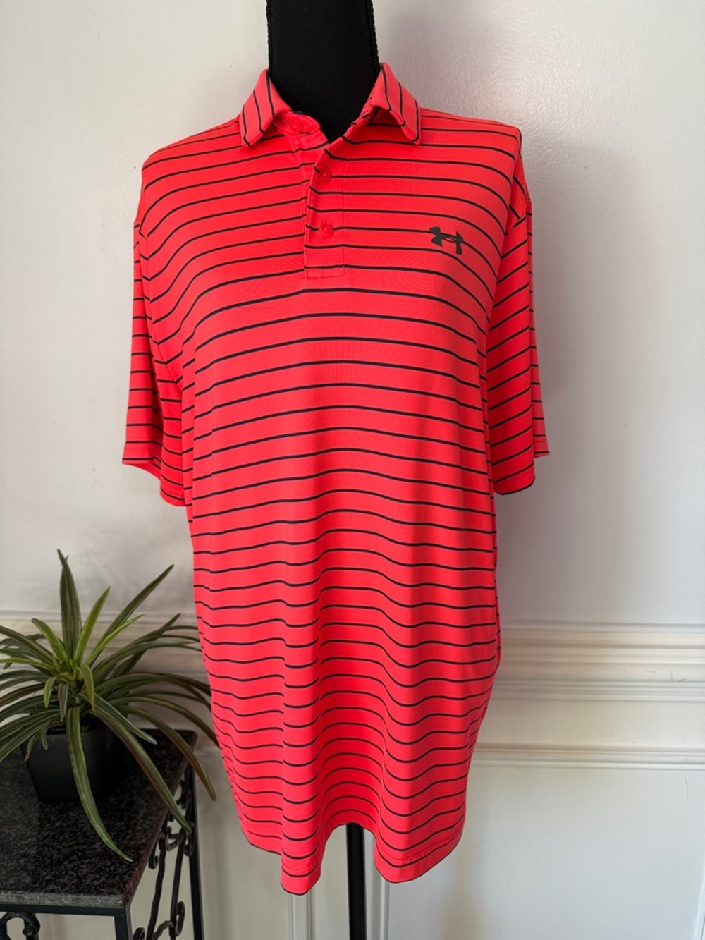 Under Armour Men’s Coral Red Polo with Black Stripes